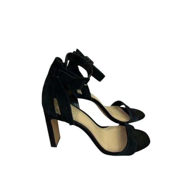 Size 8.5 Vince Camuto Black Microfiber Sandal 4" Heels Ankle Strap - Picture 3 of 10